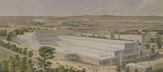 Flygperspektiv över Industripalatset för alla Nationer sett från Kensington Gardens, graverat av konstnären, utgivet 1851